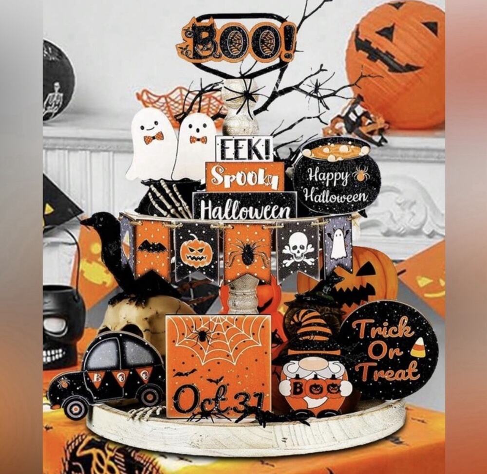 Halloween Wood Figurine Set Ghost Pumpkin Bat Signs Assorted Matte Decor